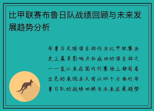 比甲联赛布鲁日队战绩回顾与未来发展趋势分析