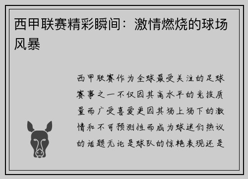 西甲联赛精彩瞬间：激情燃烧的球场风暴