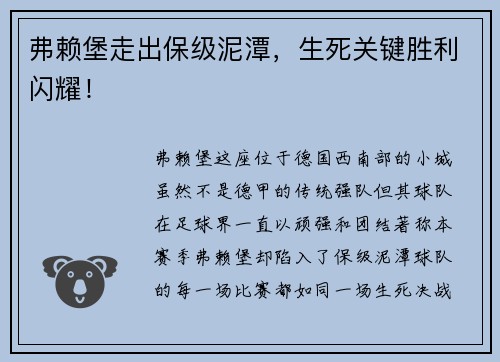 弗赖堡走出保级泥潭，生死关键胜利闪耀！