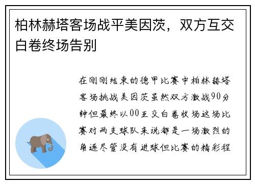 柏林赫塔客场战平美因茨，双方互交白卷终场告别