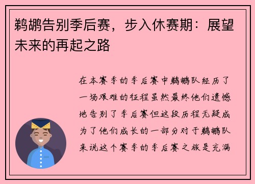 鹈鹕告别季后赛，步入休赛期：展望未来的再起之路
